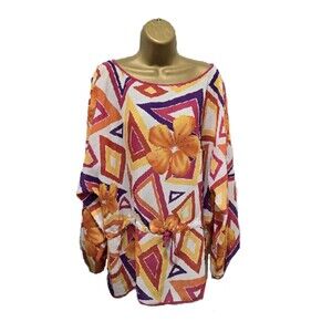 Tunic Womens 14 Multicolor Bright Made In USA Floral Boho Drawstring Hippie Cute